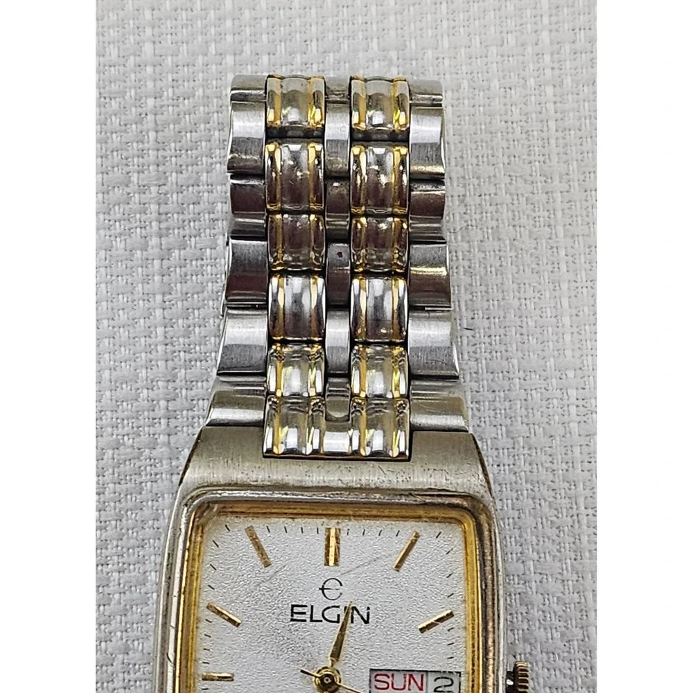 Elgin Two Tone Gold‎ Silver Tone Rectangular Day Date Quartz Watch Men's - READ